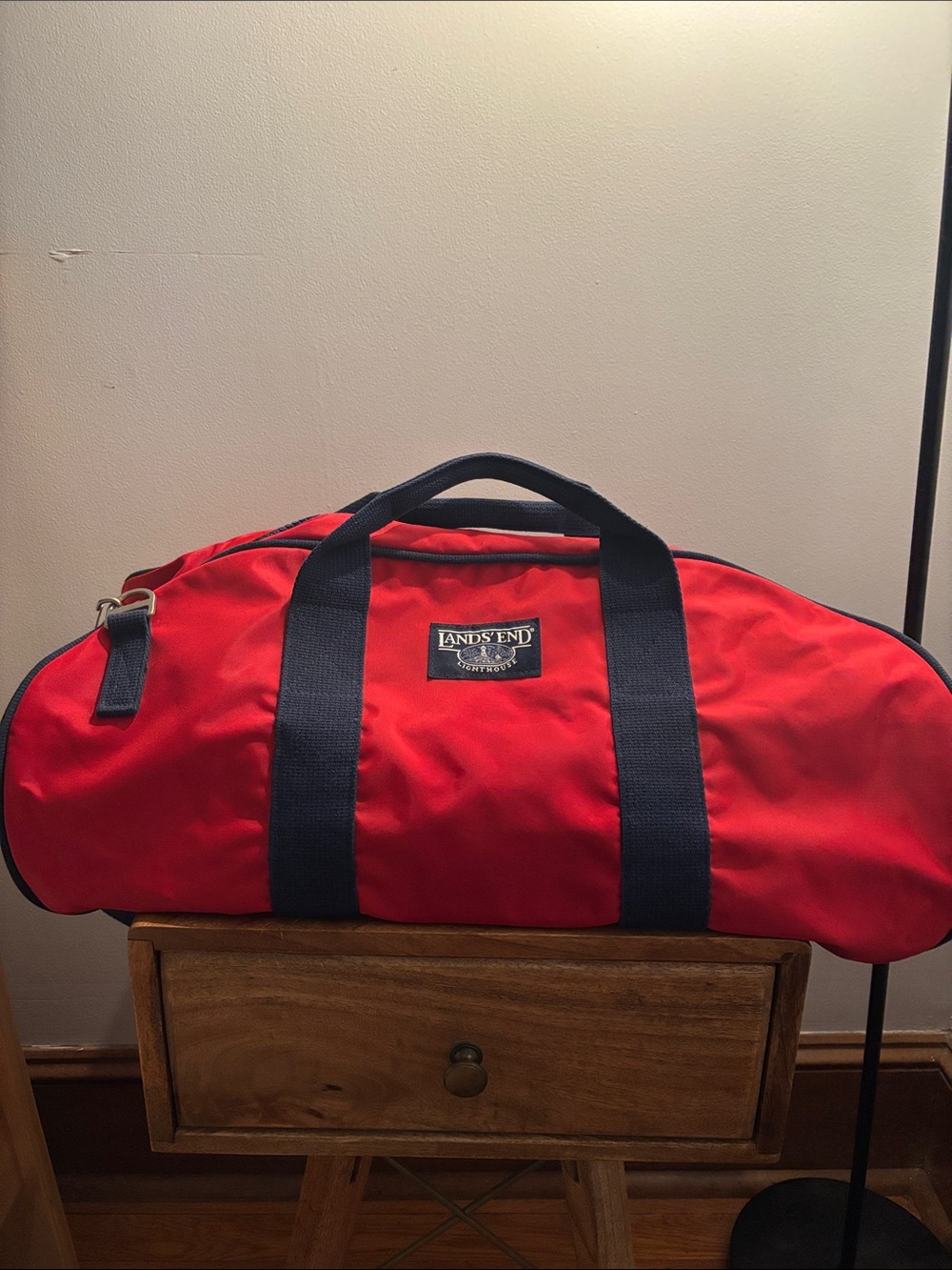 Lands' End Lighthouse Vintage Red Duffel with Navy Straps